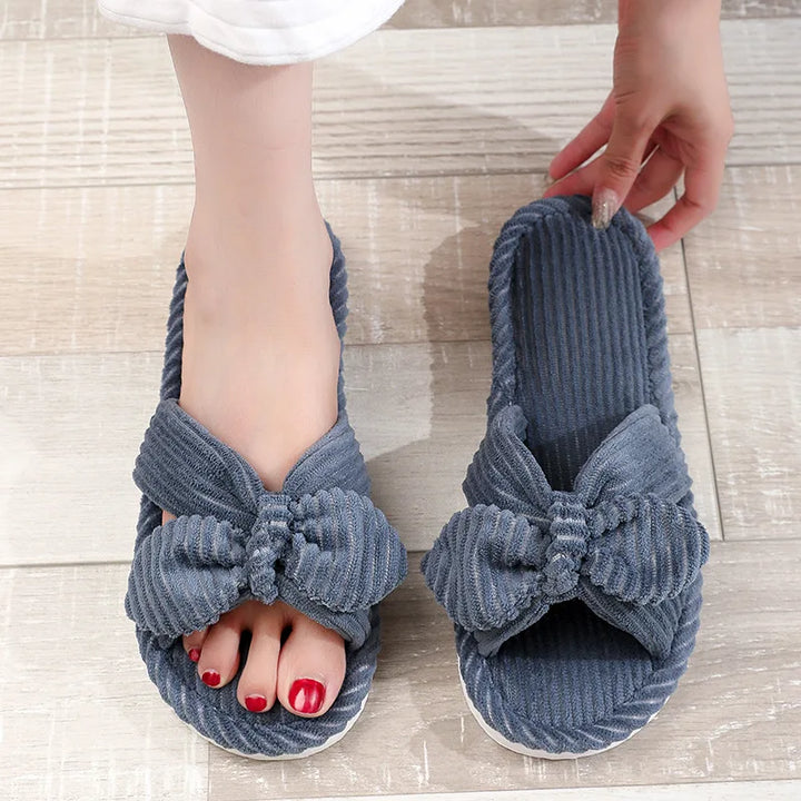 CALORA_ Zachte Corduroy Slippers met Strik voor Thuiscomfort
