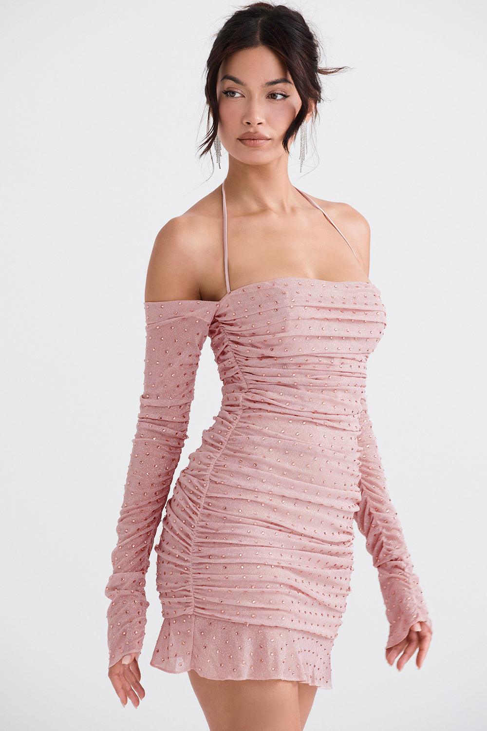 CALORA_ Zachtroze Gekristalliseerde Elegante Maxi Jurk