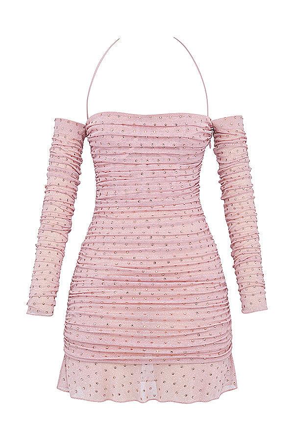 CALORA_ Zachtroze Gekristalliseerde Elegante Maxi Jurk