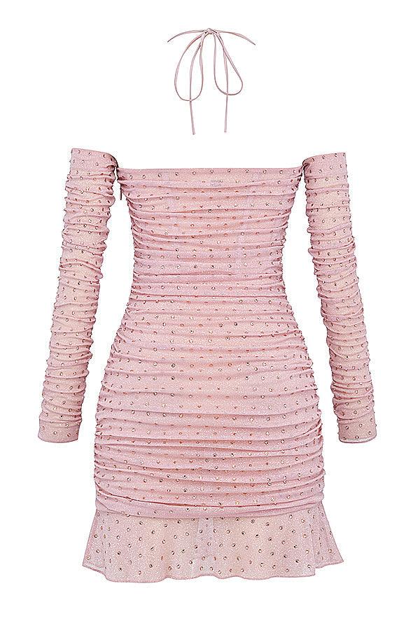 CALORA_ Zachtroze Gekristalliseerde Elegante Maxi Jurk