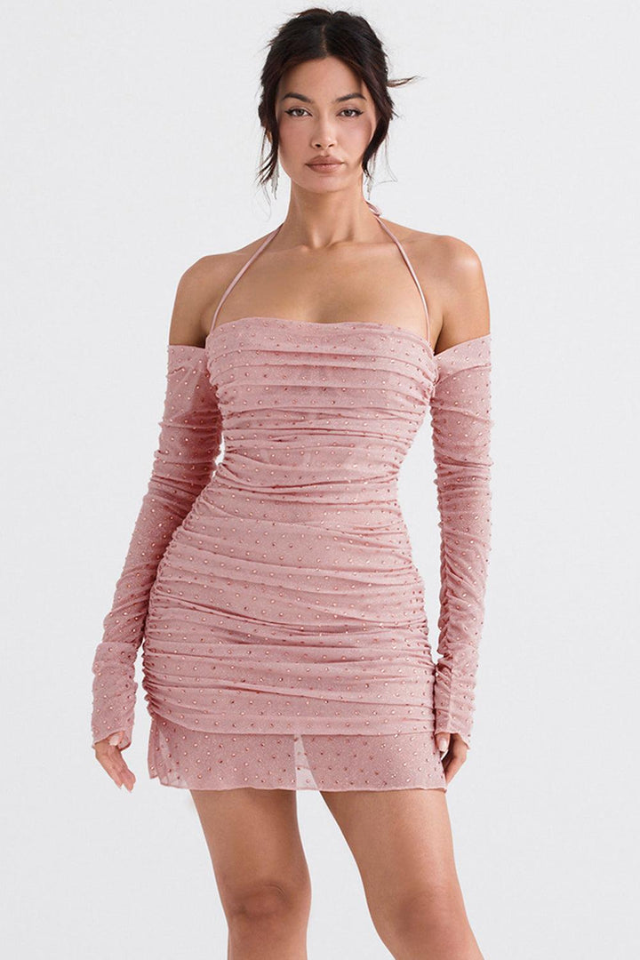 CALORA_ Zachtroze Gekristalliseerde Elegante Maxi Jurk