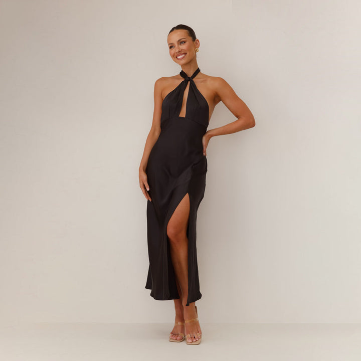 CALORA_ Zijden Halter Jurk met Fitte Taille en Voorzijde Sleuf