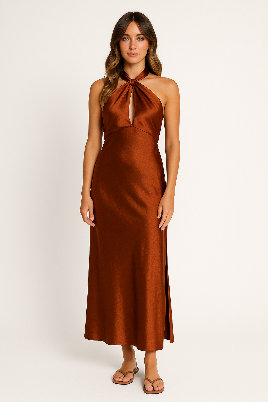 CALORA_ Zijden Halter Jurk met Fitte Taille en Voorzijde Sleuf