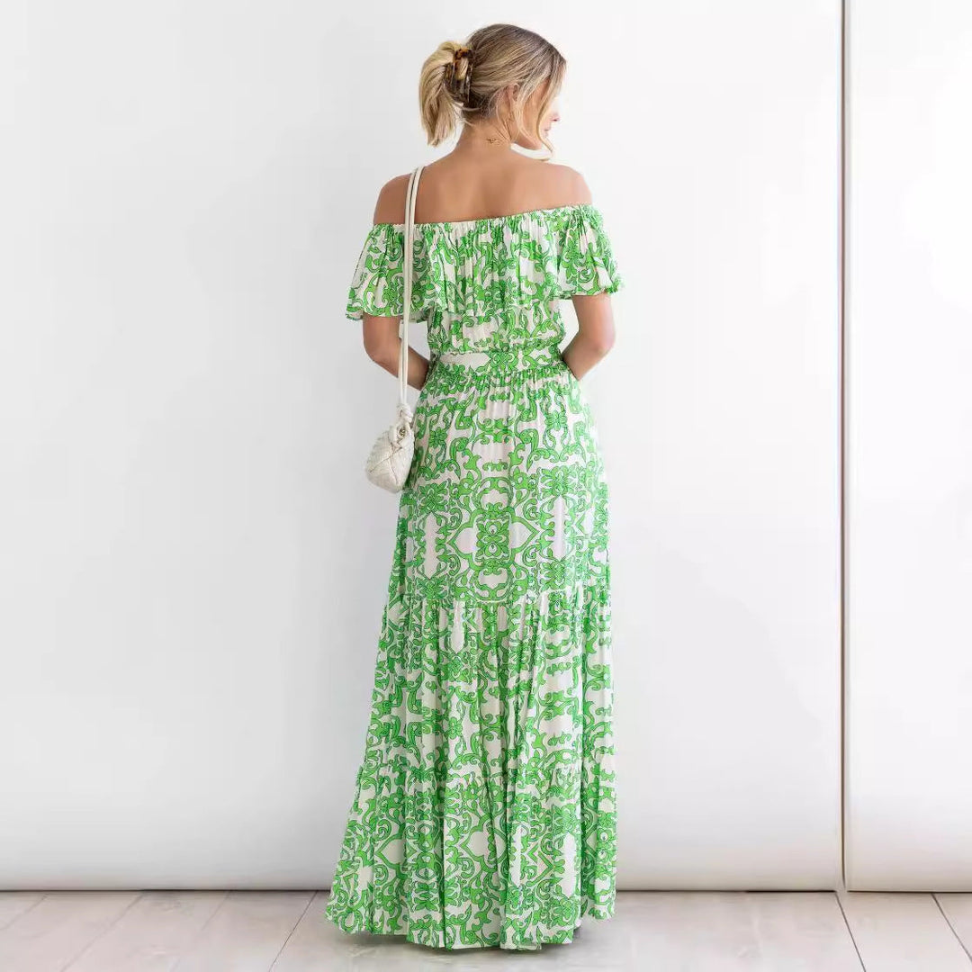 CALORA_ Zomer Maxi Jurk met Off Shoulder en Rimpel Halslijn en Tailleband