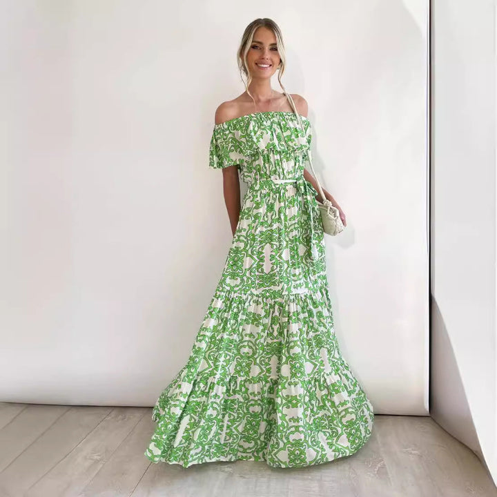 CALORA_ Zomer Maxi Jurk met Off Shoulder en Rimpel Halslijn en Tailleband