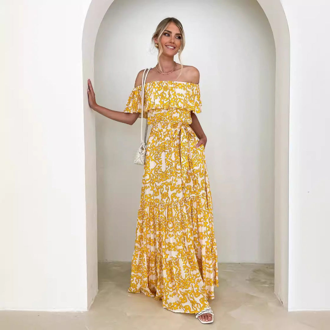 CALORA_ Zomer Maxi Jurk met Off Shoulder en Rimpel Halslijn en Tailleband