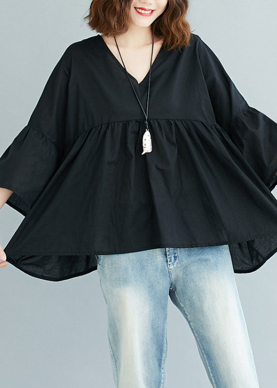CALORA_ Zwarte V-hals patchwork asymmetrisch ontwerp herfst top driekwart mouw