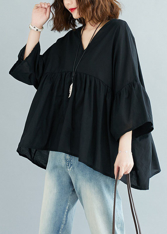 CALORA_ Zwarte V-hals patchwork asymmetrisch ontwerp herfst top driekwart mouw