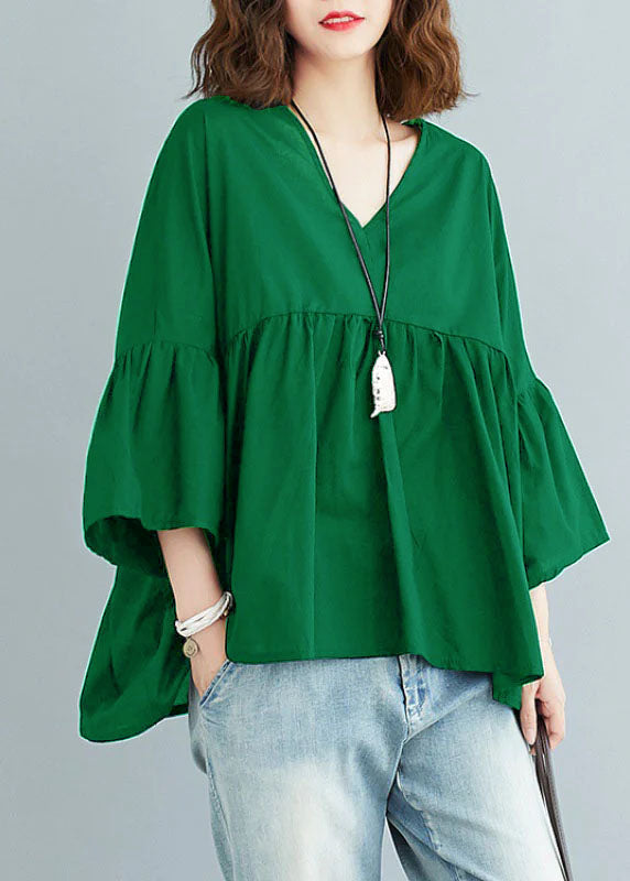 CALORA_ Zwarte V-hals patchwork asymmetrisch ontwerp herfst top driekwart mouw