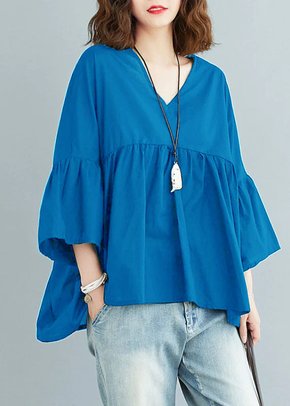 CALORA_ Zwarte V-hals patchwork asymmetrisch ontwerp herfst top driekwart mouw