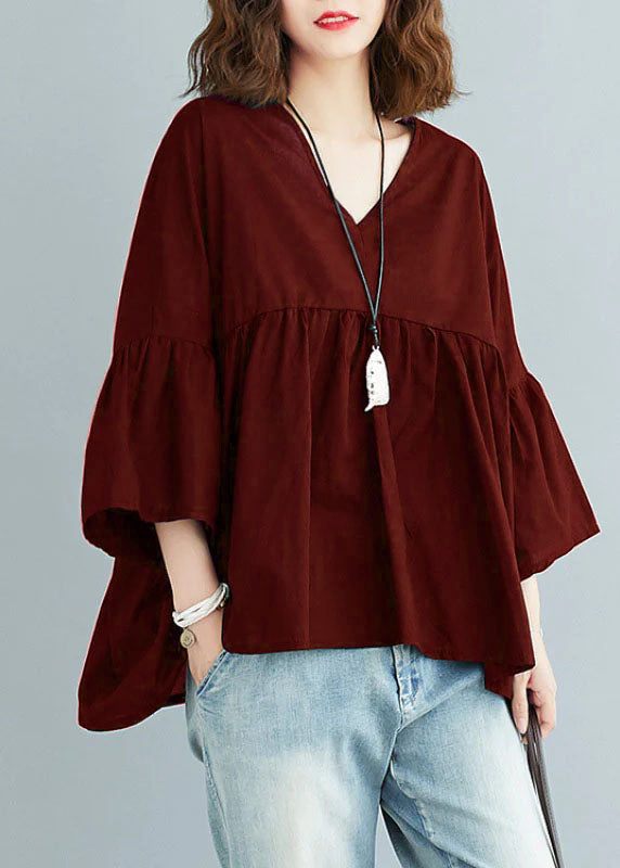 CALORA_ Zwarte V-hals patchwork asymmetrisch ontwerp herfst top driekwart mouw