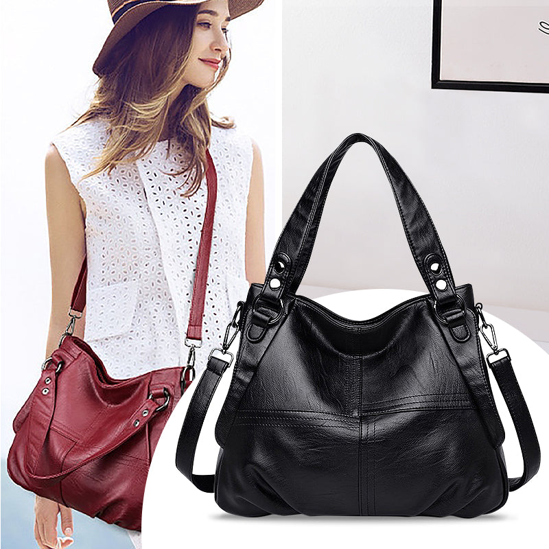 CALORA_ Zwarte Vegan Leren Handtas met Schouderriem en Stijlvol Design
