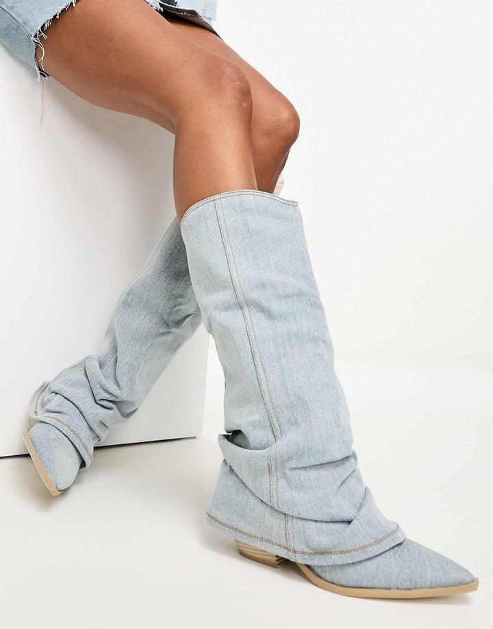CALORA_ Casual Blauw Denim Laarzen Met Oversized Schacht Spitse Teen
