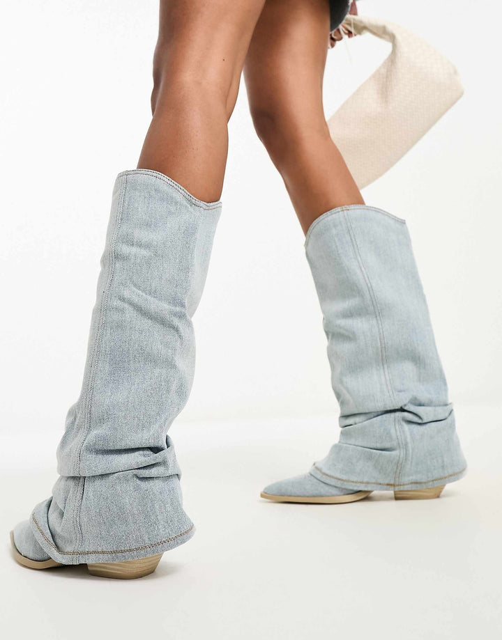 CALORA_ Casual Blauw Denim Laarzen Met Oversized Schacht Spitse Teen