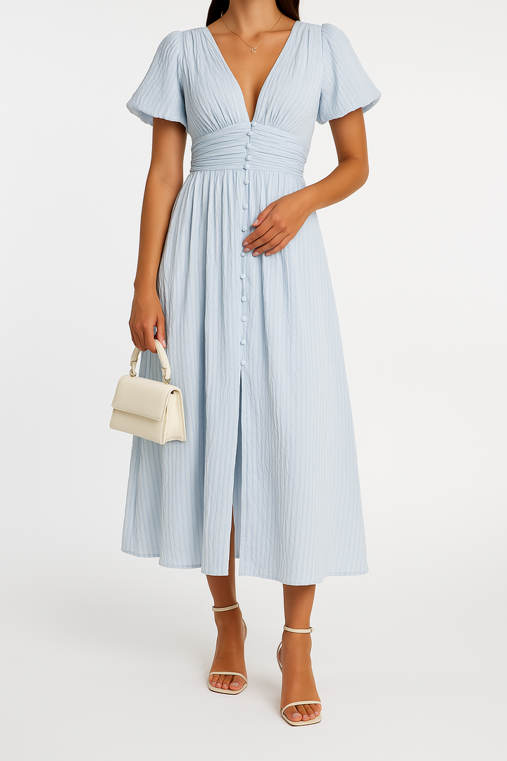 CALORA_ Vrouwen Gekleed V-Hals Maxi Jurk met Pofmouwen en Knopen