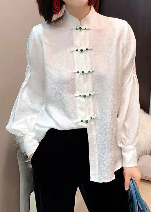 Chinese stijl witte opstaande kraag knop jacquard zijden blouse tops lantaarn mouw