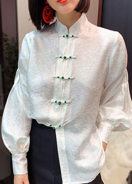 Chinese stijl witte opstaande kraag knop jacquard zijden blouse tops lantaarn mouw