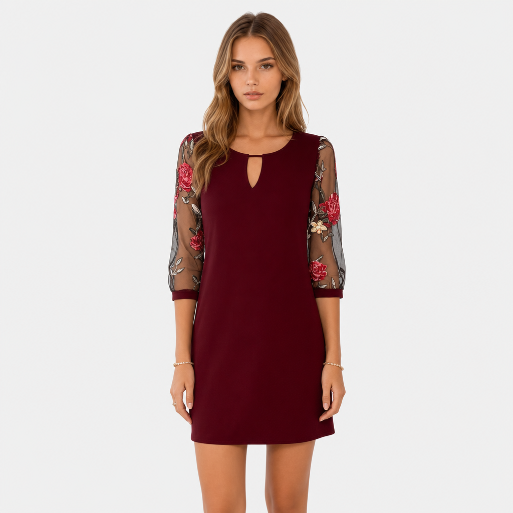 De Rosalie Geborduurde Mesh Jurk-Zomer Jurken-Calora Mode-Rood-S-Calora