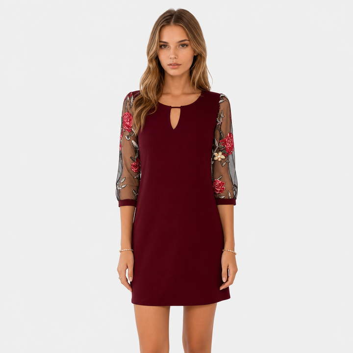 De Rosalie Geborduurde Mesh Jurk-Zomer Jurken-Calora Mode-Rood-S-Calora