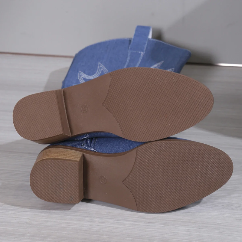 CALORA_ Denim Cowboy Laarzen Dames Met Western Borduursel Blokhak