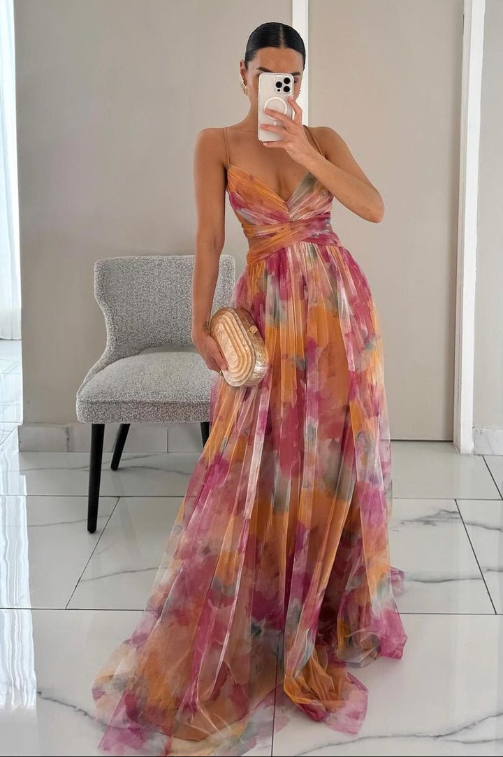 CALORA_ Lange Maxi Jurk met Bloemenprint en Verstelbare Rug voor Zomer
