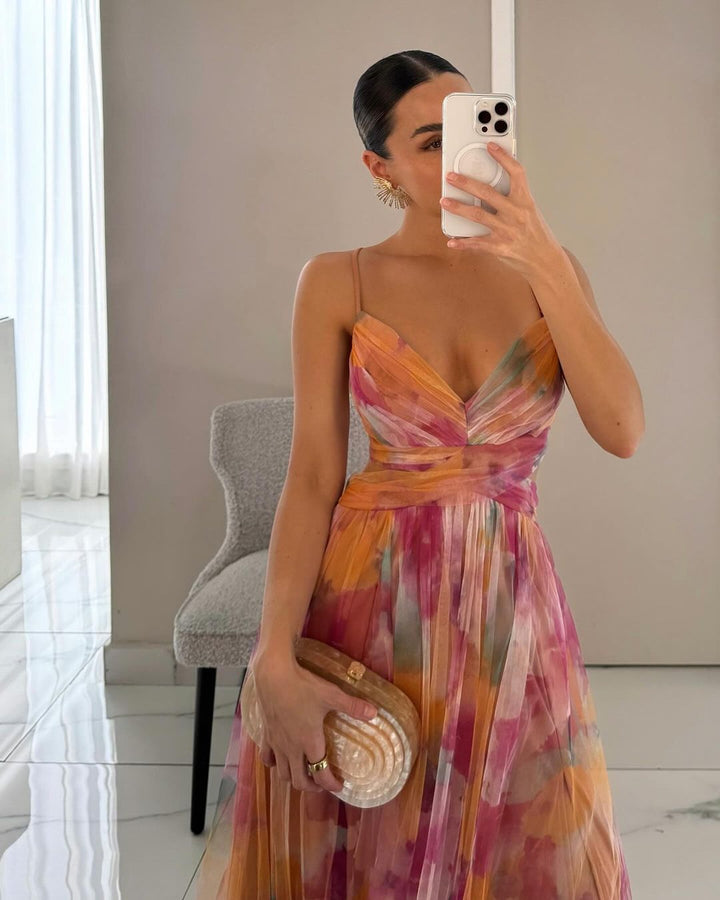CALORA_ Lange Maxi Jurk met Bloemenprint en Verstelbare Rug voor Zomer