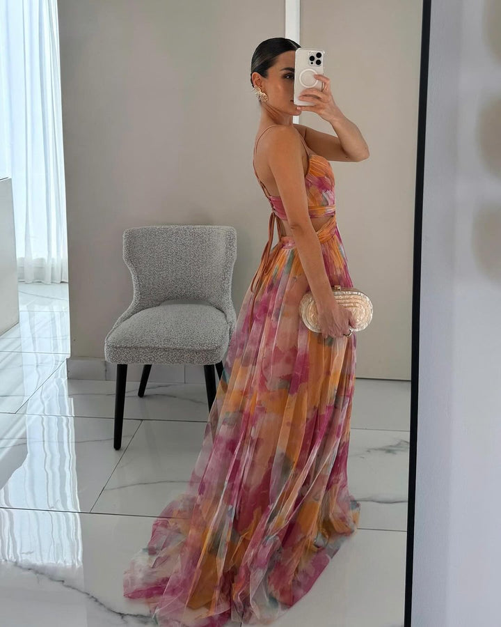 CALORA_ Lange Maxi Jurk met Bloemenprint en Verstelbare Rug voor Zomer