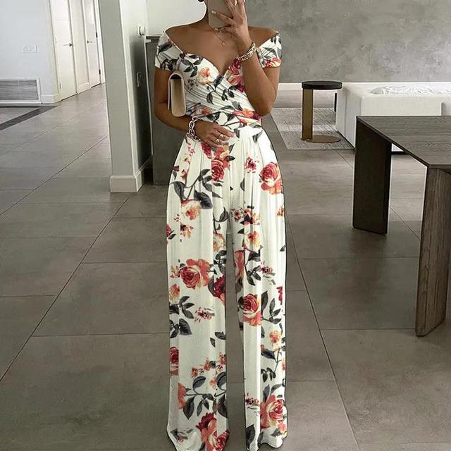 CALORA_ Dames Bloemen Jumpsuit met Off-Shoulder en Brede Pijpen