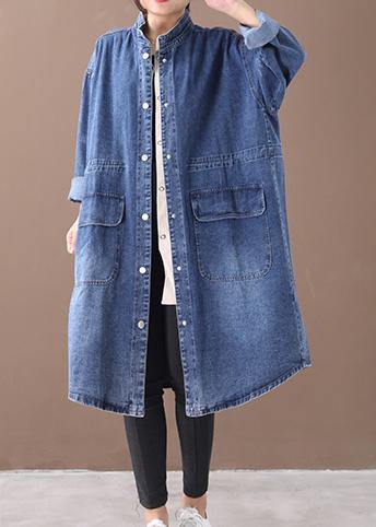 Franse Denim blauwe Plus Size Trenchcoat met trekkoord