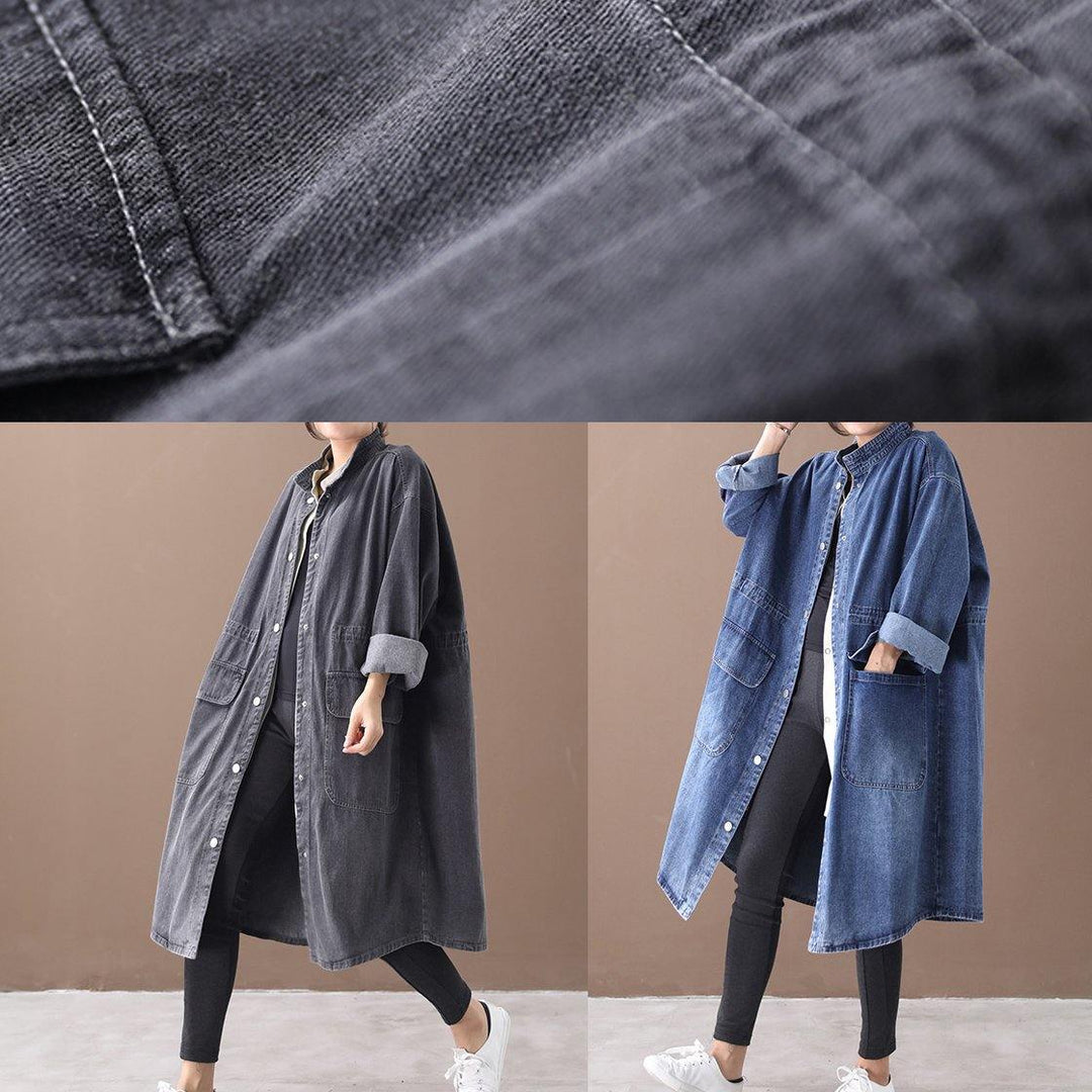 Franse Denim blauwe Plus Size Trenchcoat met trekkoord