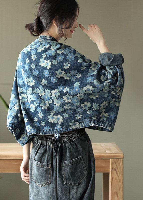 Italiaanse blauwe print denim top met lange mouwen en V-hals