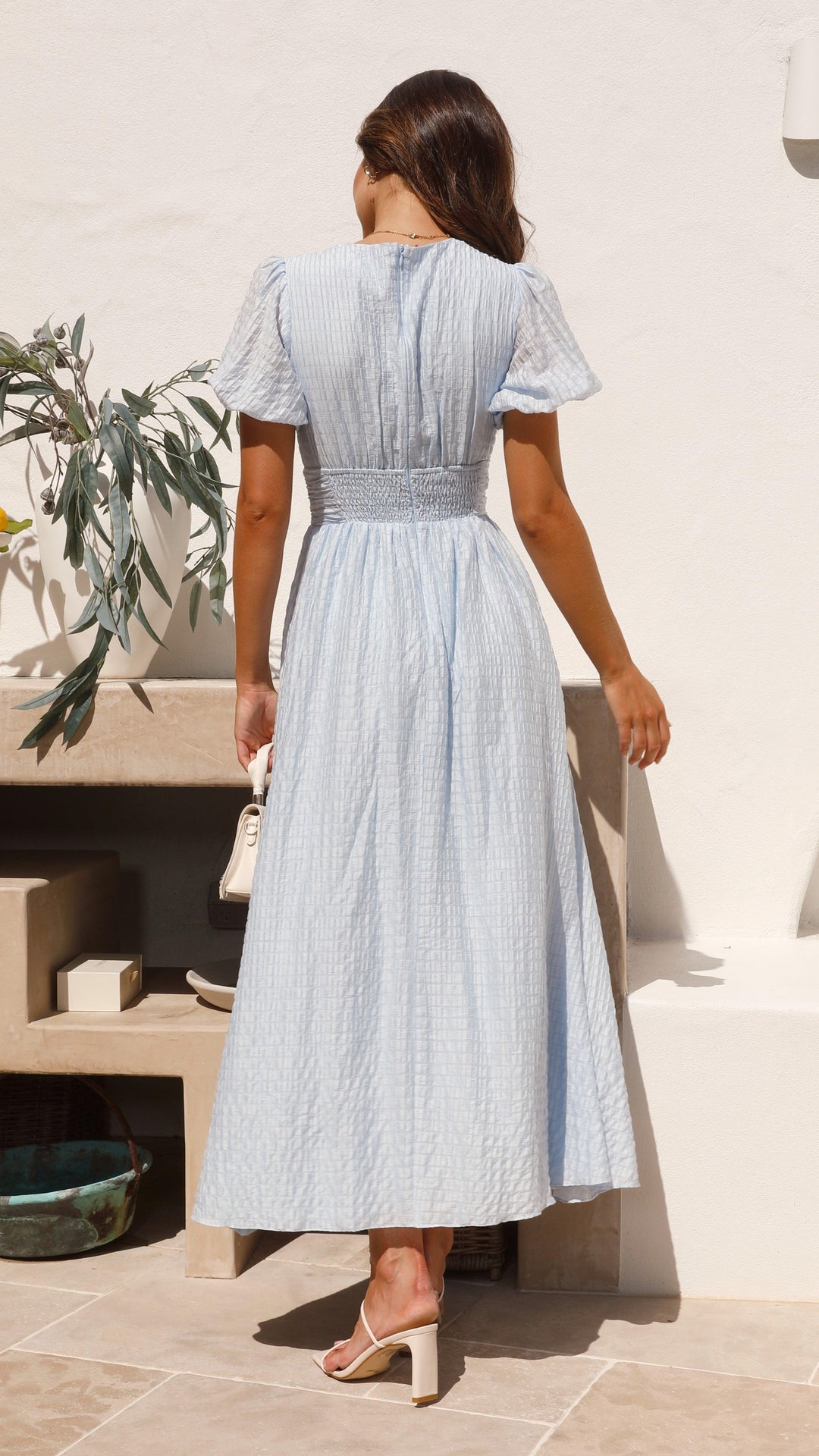CALORA_ Vrouwen Gekleed V-Hals Maxi Jurk met Pofmouwen en Knopen