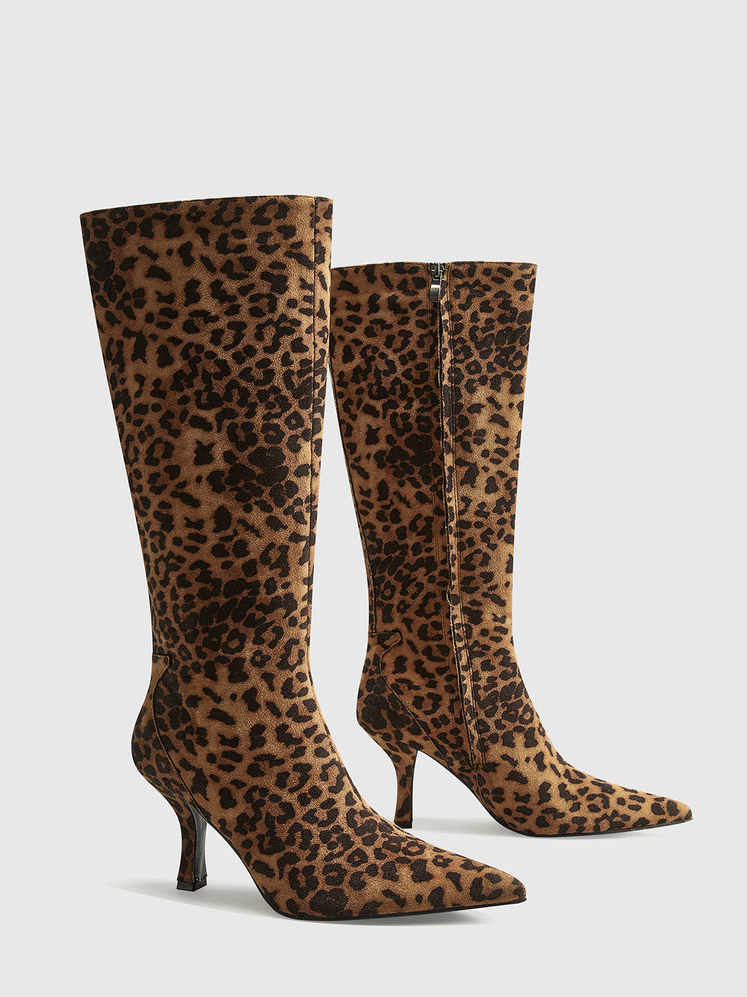 CALORA_ Leopardprint Kniehoge Laarzen Puntneus En Middenhak Dames