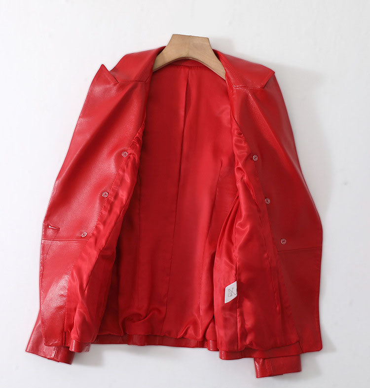 CALORA_ Veda | Dames korte schapenvacht motor leren jas