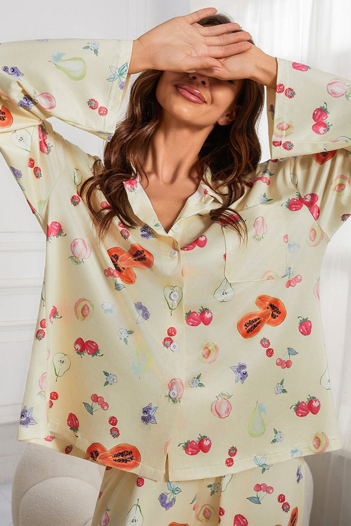 Fruitprint Lange Mouw Shirt Wijde Pijp Pyjama Set