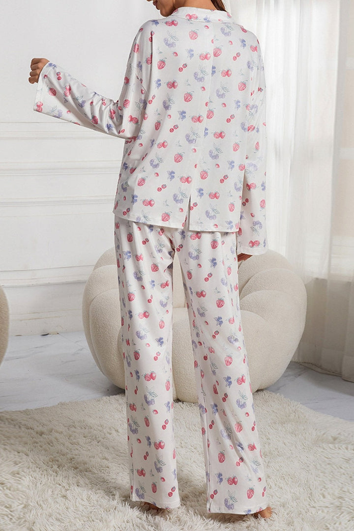 Fruitprint Lange Mouw Shirt Wijde Pijp Pyjama Set