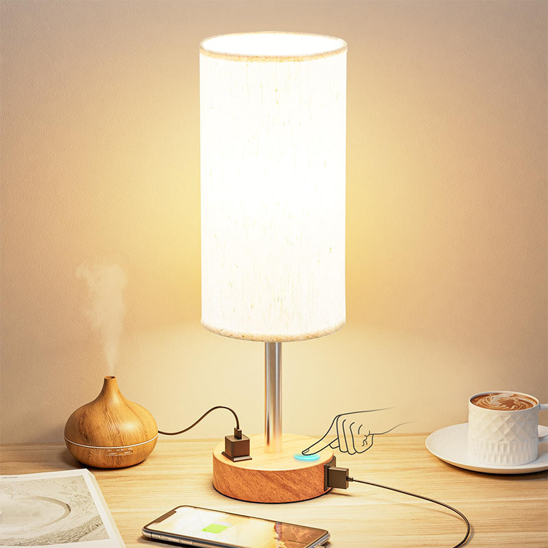 CALORA_ Houten Tafel Nachtlamp met 3-Dimmen Touchfunctie en Linnen Kap
