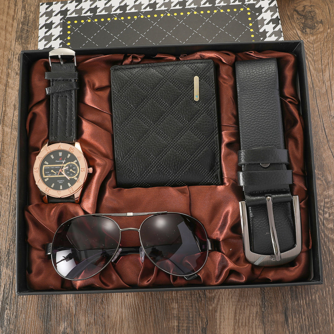 CALORA_ Heren Cadeauset met Portemonnee, Riem, Bril en Horloge - Luxe 4-delige Relatiegeschenkset