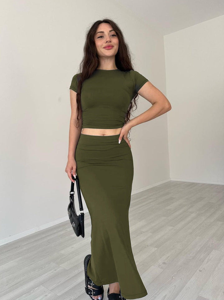 Casual groene ronde hals crop top en rok set