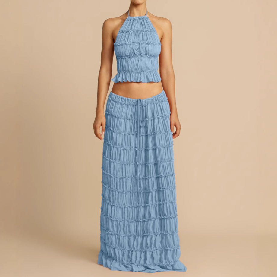 CALORA_ Tweedelig Dames Set met Rimpel Halter Crop Top en Maxi Rok
