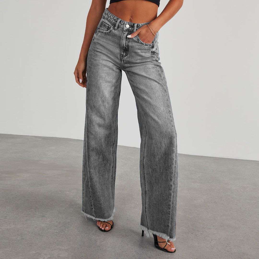 CALORA_ Dames Wijd Uitlopende Jeans Denim met Raw Zoom en Casual
