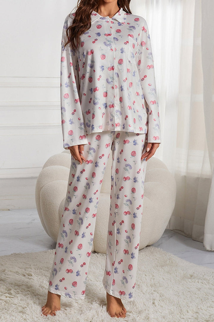 Fruitprint Lange Mouw Shirt Wijde Pijp Pyjama Set