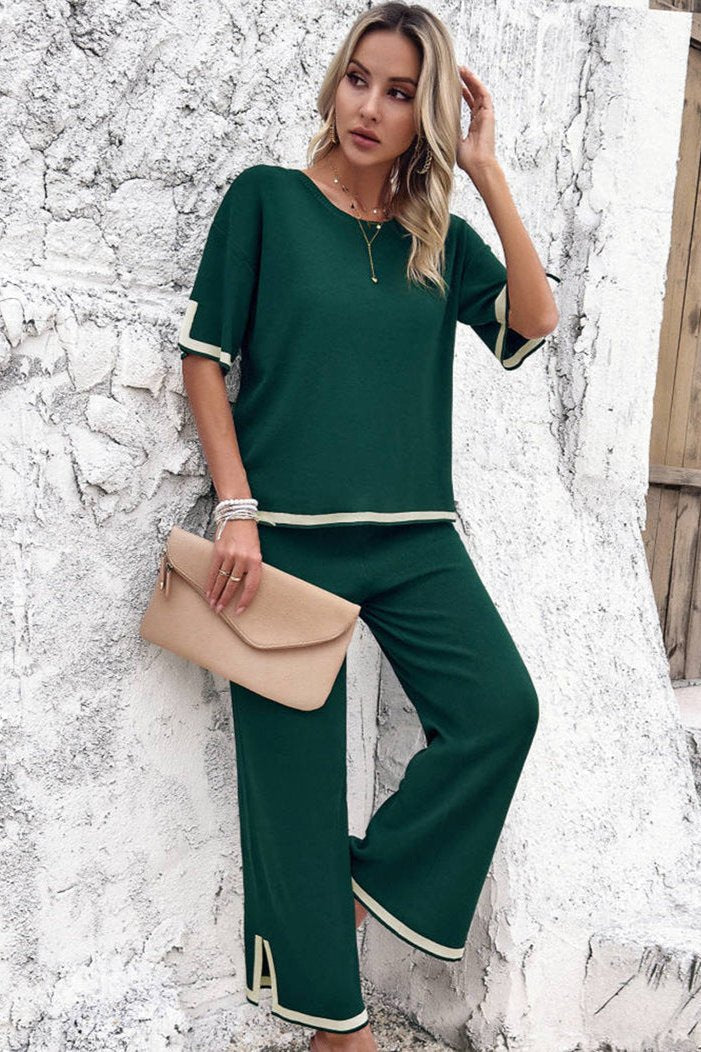 Chic Casual Korte Mouw Gebreide Top en Broek Set