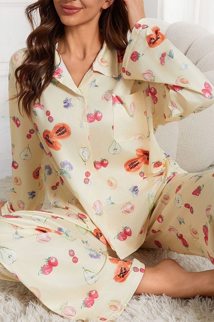 Fruitprint Lange Mouw Shirt Wijde Pijp Pyjama Set