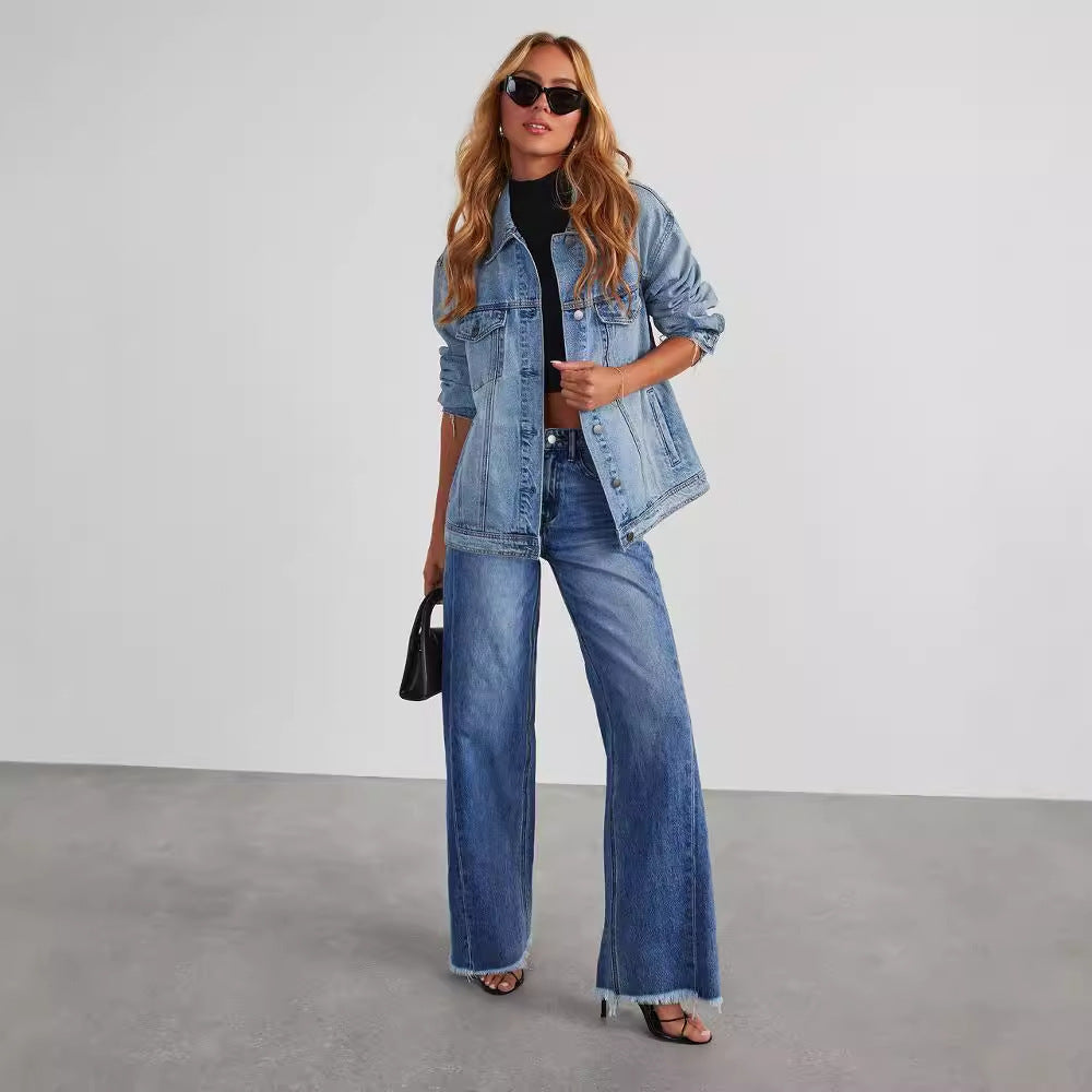 CALORA_ Dames Wijd Uitlopende Jeans Denim met Raw Zoom en Casual