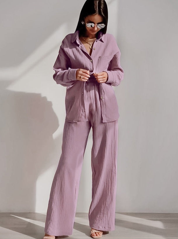 Kraagknoop Lange Mouw Crêpe Pyjama Thuis Set