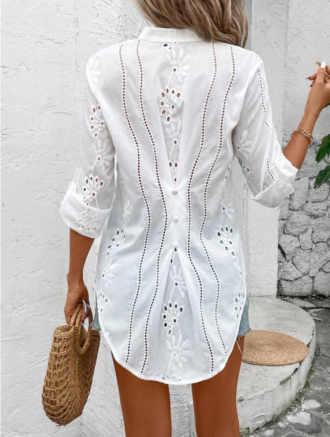 CALORA_ Dames Blouse met Relaxed Fit en Kanten Rand V-Hals Driekwart Mouw