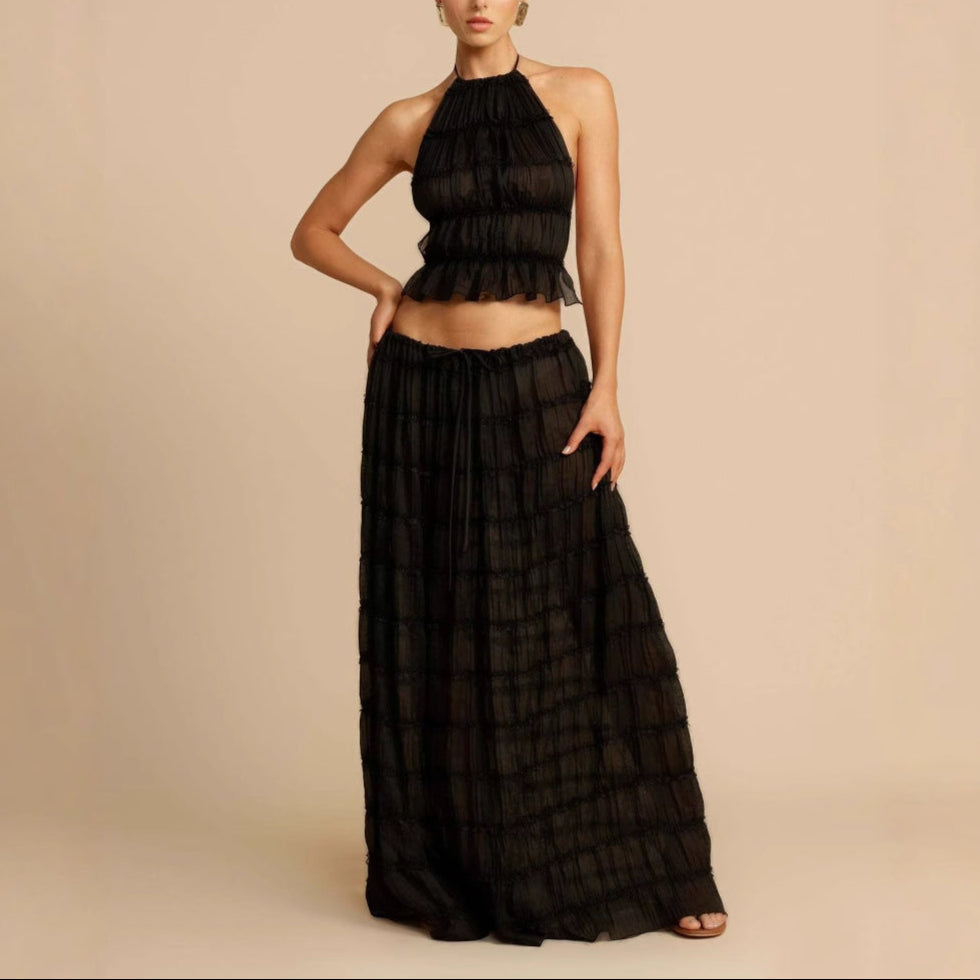 CALORA_ Tweedelig Dames Set met Rimpel Halter Crop Top en Maxi Rok
