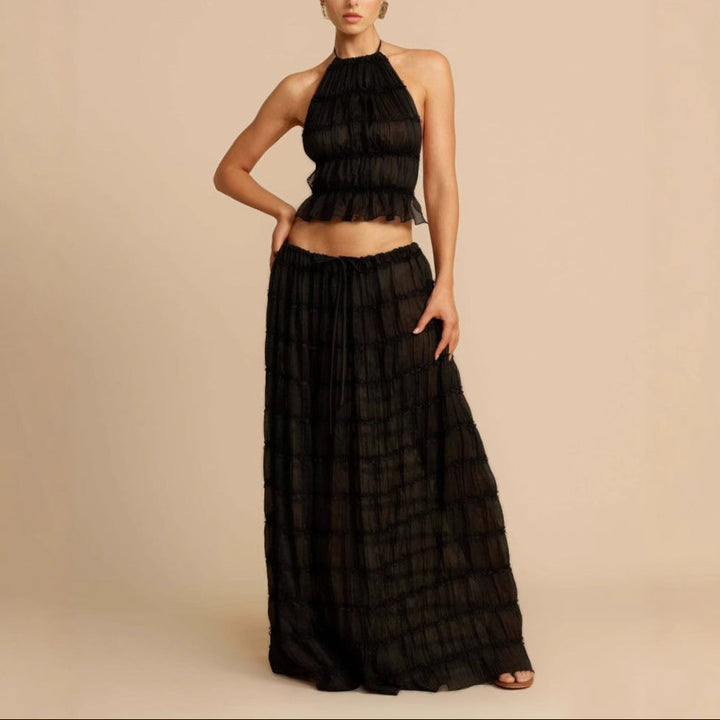 CALORA_ Tweedelig Dames Set met Rimpel Halter Crop Top en Maxi Rok