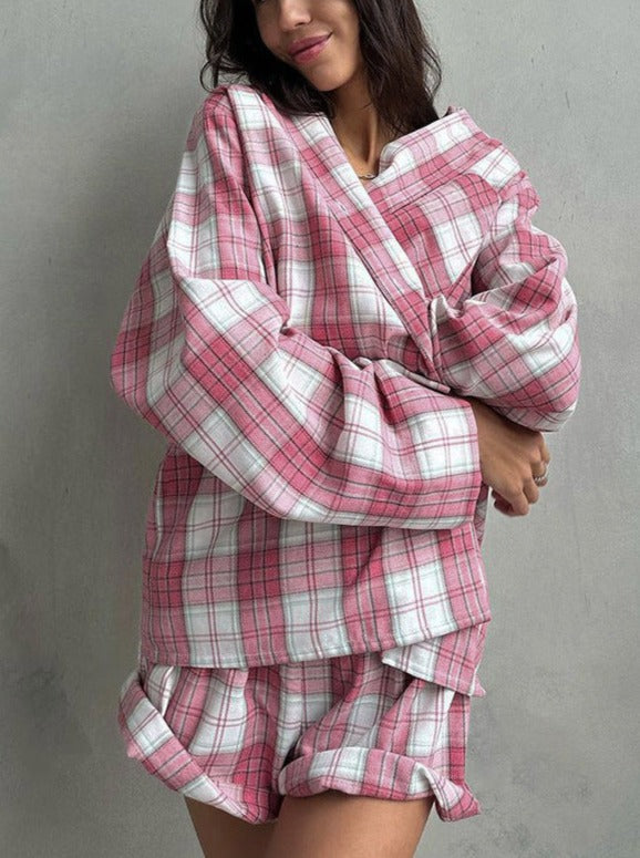 Retro Plaid Design Lange Mouw Tweedelige Set